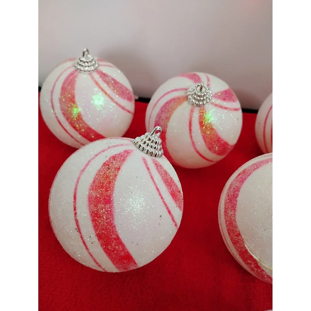8pc Peppermint Swirl Christmas Ornaments Red White Glitter Candy Cane Baubles